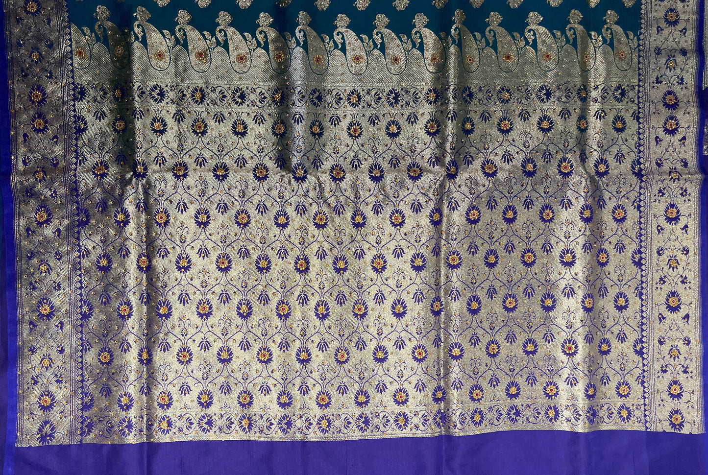 Faishana Presents Seagreen Satin Silk Floral Zari Booti Low Stone Work Banarasi Saree with Contrast Purple Pallu and Purple Blouse