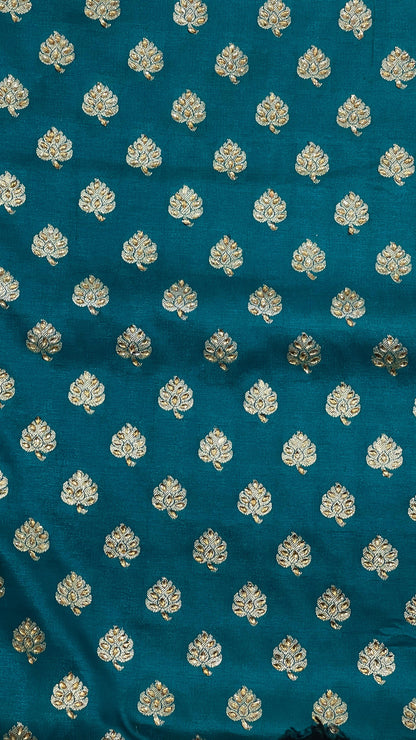 Faishana Presents Seagreen Satin Silk Floral Zari Booti Low Stone Work Banarasi Saree with Contrast Purple Pallu and Purple Blouse