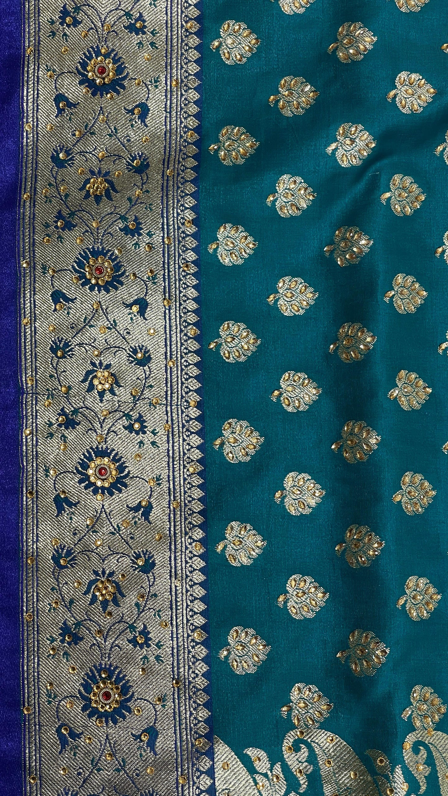 Faishana Presents Seagreen Satin Silk Floral Zari Booti Low Stone Work Banarasi Saree with Contrast Purple Pallu and Purple Blouse