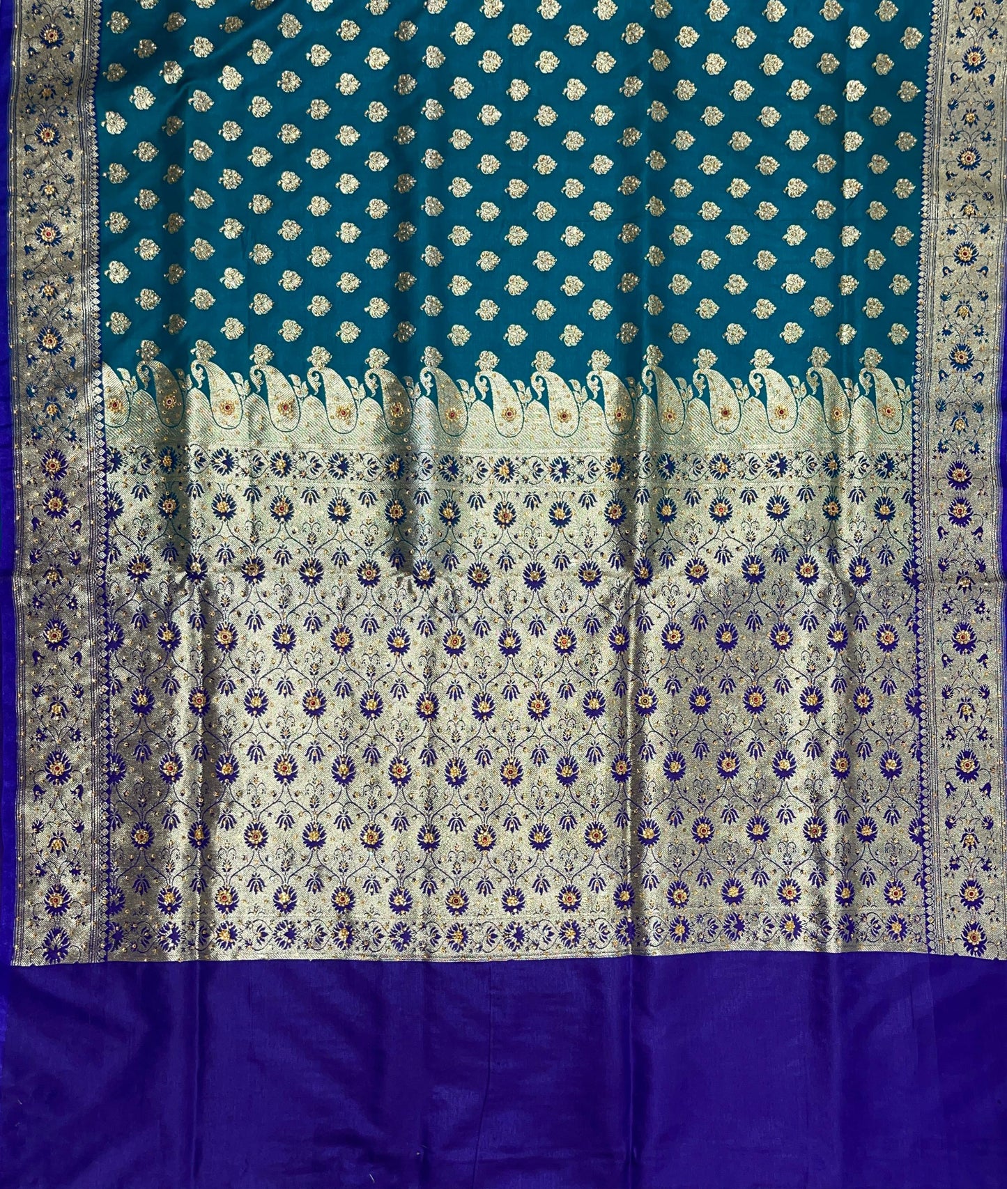 Faishana Presents Seagreen Satin Silk Floral Zari Booti Low Stone Work Banarasi Saree with Contrast Purple Pallu and Purple Blouse
