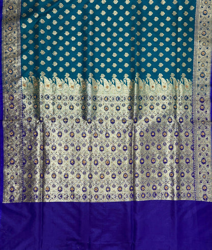 Faishana Presents Seagreen Satin Silk Floral Zari Booti Low Stone Work Banarasi Saree with Contrast Purple Pallu and Purple Blouse