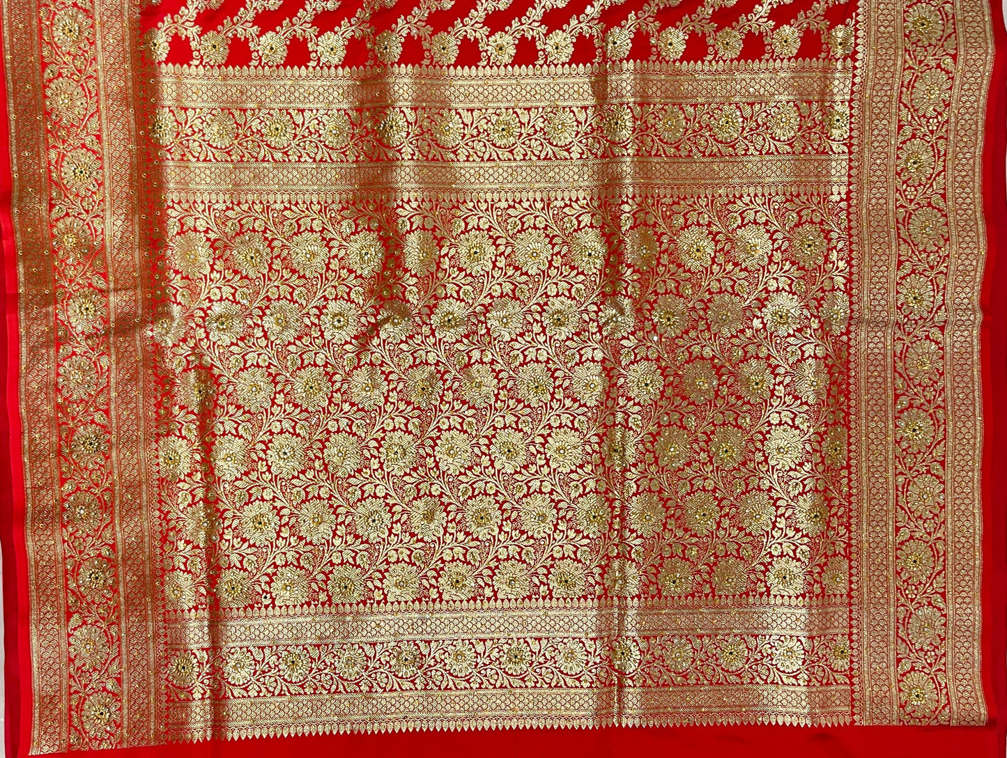 Faishana Presents Red Satin Silk Floral Zari Jaal Low Stone Work Banarasi Saree with Floral Zari Jaal Pallu and Red Blouse