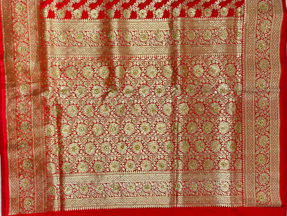 Faishana Presents Red Satin Silk Floral Zari Jaal Low Stone Work Banarasi Saree with Floral Zari Jaal Pallu and Red Blouse