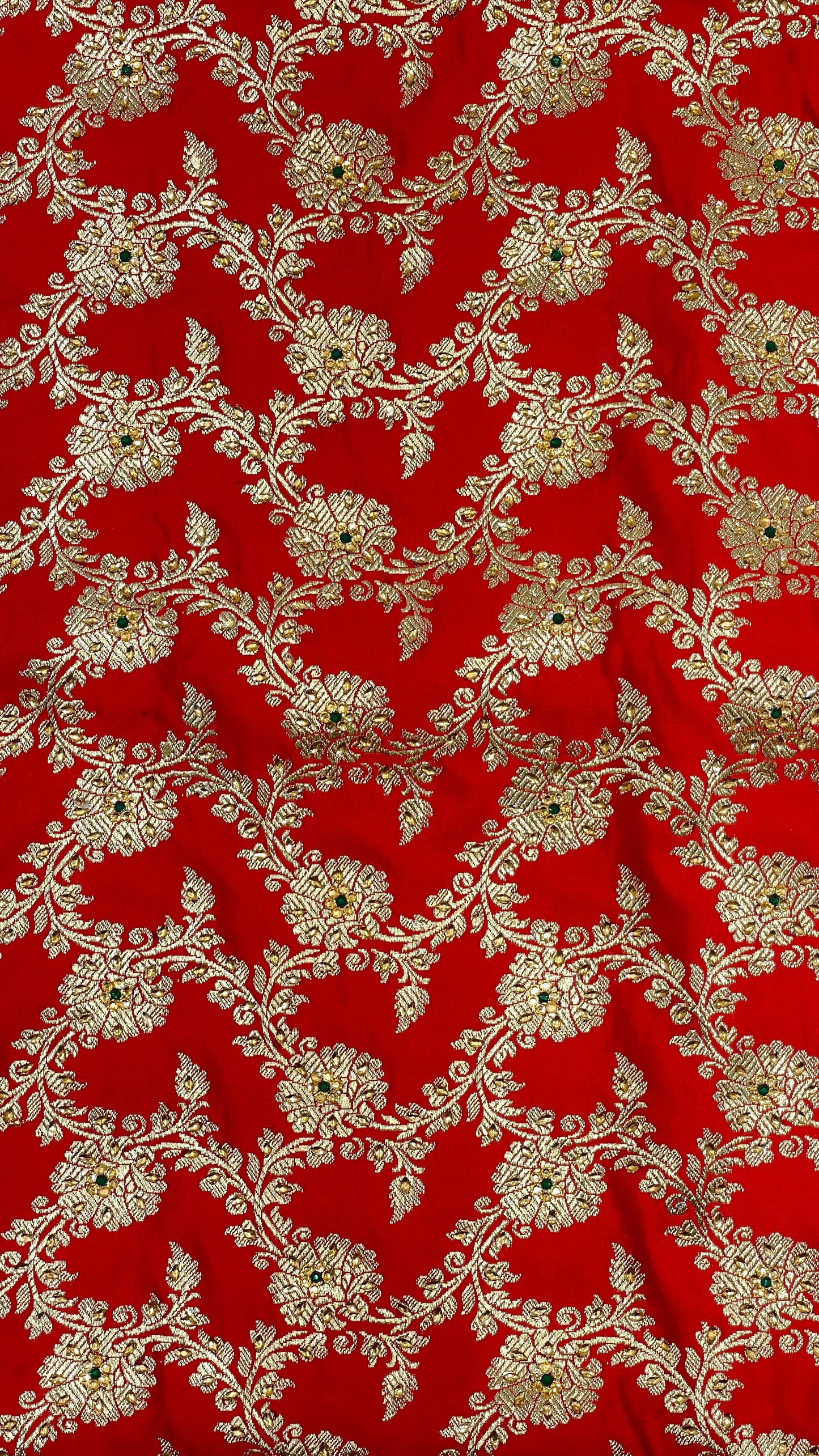 Faishana Presents Red Satin Silk Floral Zari Jaal Low Stone Work Banarasi Saree with Floral Zari Jaal Pallu and Red Blouse