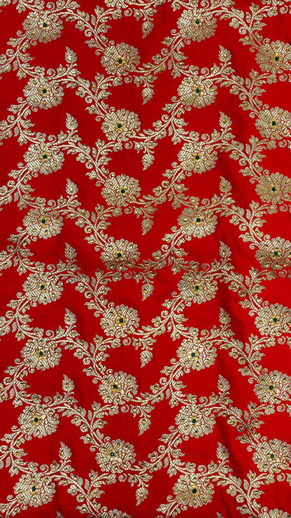 Faishana Presents Red Satin Silk Floral Zari Jaal Low Stone Work Banarasi Saree with Floral Zari Jaal Pallu and Red Blouse