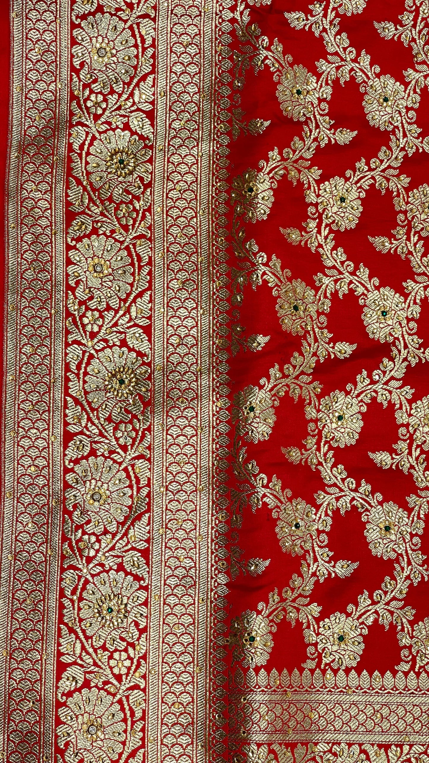 Faishana Presents Red Satin Silk Floral Zari Jaal Low Stone Work Banarasi Saree with Floral Zari Jaal Pallu and Red Blouse