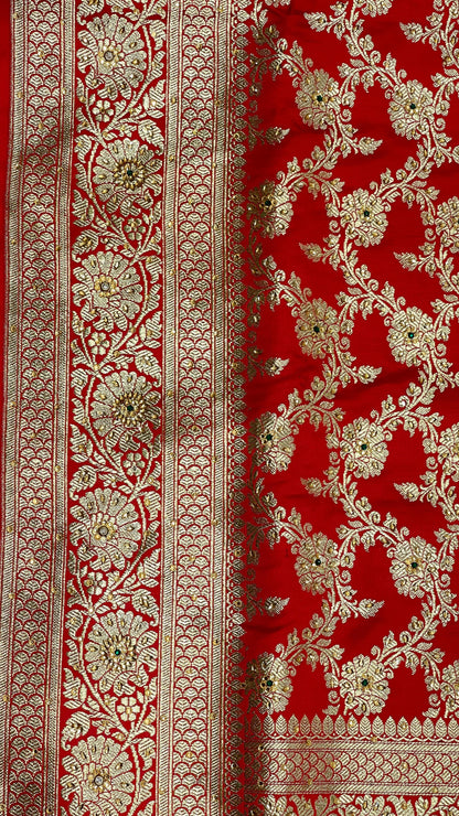 Faishana Presents Red Satin Silk Floral Zari Jaal Low Stone Work Banarasi Saree with Floral Zari Jaal Pallu and Red Blouse