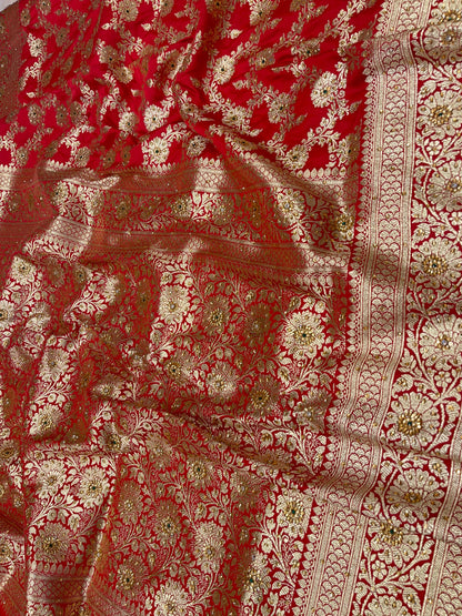 Faishana Presents Red Satin Silk Floral Zari Jaal Low Stone Work Banarasi Saree with Floral Zari Jaal Pallu and Red Blouse