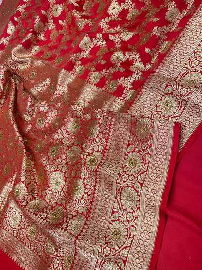 Faishana Presents Red Satin Silk Floral Zari Jaal Low Stone Work Banarasi Saree with Floral Zari Jaal Pallu and Red Blouse