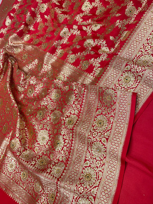 Faishana Presents Red Satin Silk Floral Zari Jaal Low Stone Work Banarasi Saree with Floral Zari Jaal Pallu and Red Blouse