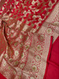 Faishana Presents Red Satin Silk Floral Zari Jaal Low Stone Work Banarasi Saree with Floral Zari Jaal Pallu and Red Blouse