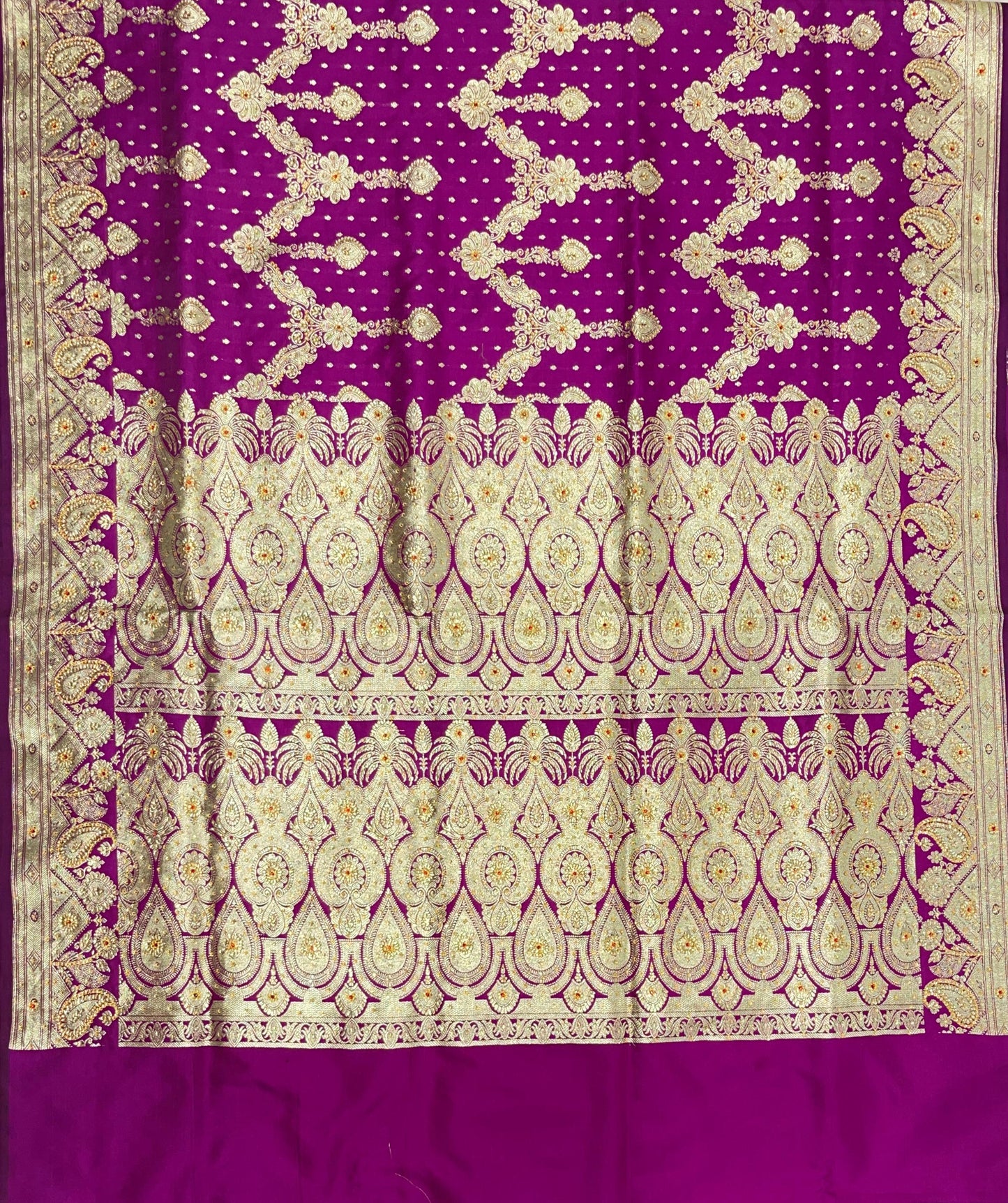 Faishana Presents Purple Satin Silk Floral Zari Zig-Zag Stripe Low Stone Work Banarasi Saree with Banarasi Pallu and Purple Blouse