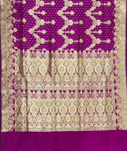 Faishana Presents Purple Satin Silk Floral Zari Zig-Zag Stripe Low Stone Work Banarasi Saree with Banarasi Pallu and Purple Blouse