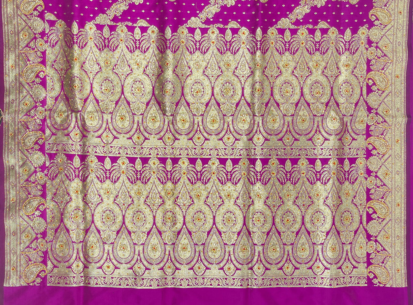Faishana Presents Purple Satin Silk Floral Zari Zig-Zag Stripe Low Stone Work Banarasi Saree with Banarasi Pallu and Purple Blouse