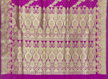 Faishana Presents Purple Satin Silk Floral Zari Zig-Zag Stripe Low Stone Work Banarasi Saree with Banarasi Pallu and Purple Blouse