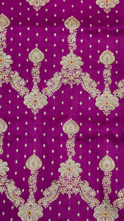 Faishana Presents Purple Satin Silk Floral Zari Zig-Zag Stripe Low Stone Work Banarasi Saree with Banarasi Pallu and Purple Blouse