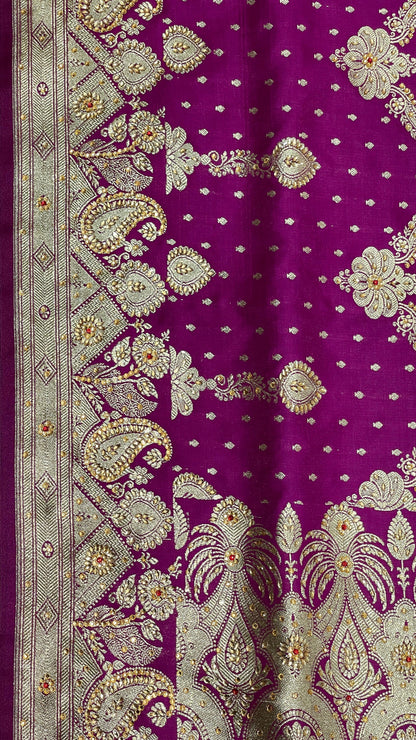 Faishana Presents Purple Satin Silk Floral Zari Zig-Zag Stripe Low Stone Work Banarasi Saree with Banarasi Pallu and Purple Blouse