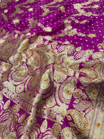 Faishana Presents Purple Satin Silk Floral Zari Zig-Zag Stripe Low Stone Work Banarasi Saree with Banarasi Pallu and Purple Blouse