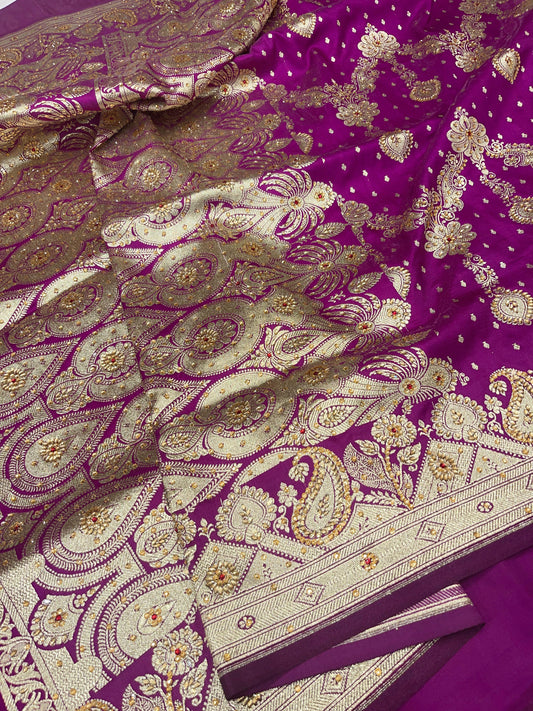 Faishana Presents Purple Satin Silk Floral Zari Zig-Zag Stripe Low Stone Work Banarasi Saree with Banarasi Pallu and Purple Blouse