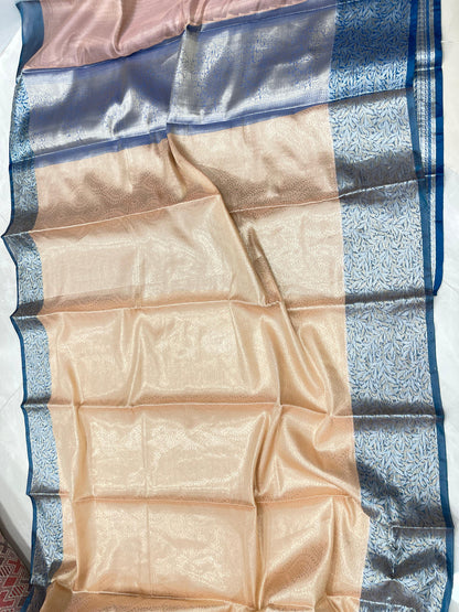 Faishana Presents Peach Art Silk Floral Lehariya Sliver Jaal with Contrast Blue Pallu and Olive Copper Silver Jaal Zari Border with Blue Blouse