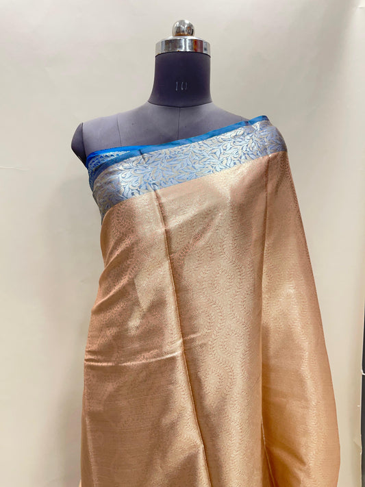 Faishana Presents Peach Art Silk Floral Lehariya Sliver Jaal with Contrast Blue Pallu and Olive Copper Silver Jaal Zari Border with Blue Blouse