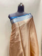 Faishana Presents Peach Art Silk Floral Lehariya Sliver Jaal with Contrast Blue Pallu and Olive Copper Silver Jaal Zari Border with Blue Blouse
