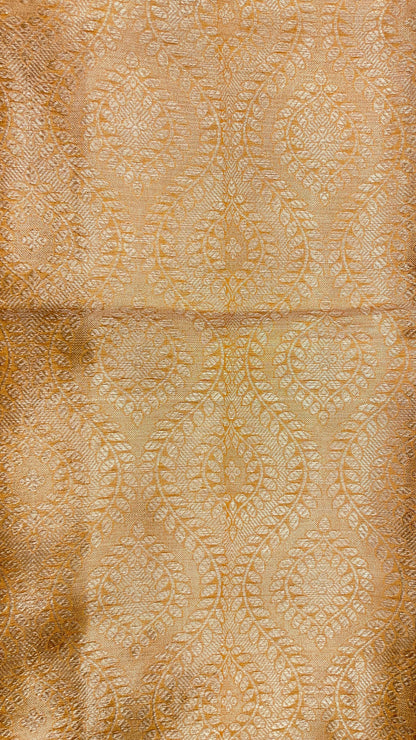 Faishana Presents Mustard Art Silk Floral Lehariya Sliver Jaal with Contrast Blue Pallu and Olive Copper Silver Jaal Zari Border with Blue Blouse