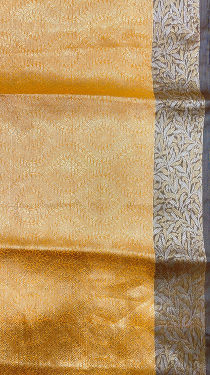 Faishana Presents Mustard Art Silk Floral Lehariya Sliver Jaal with Contrast Blue Pallu and Olive Copper Silver Jaal Zari Border with Blue Blouse