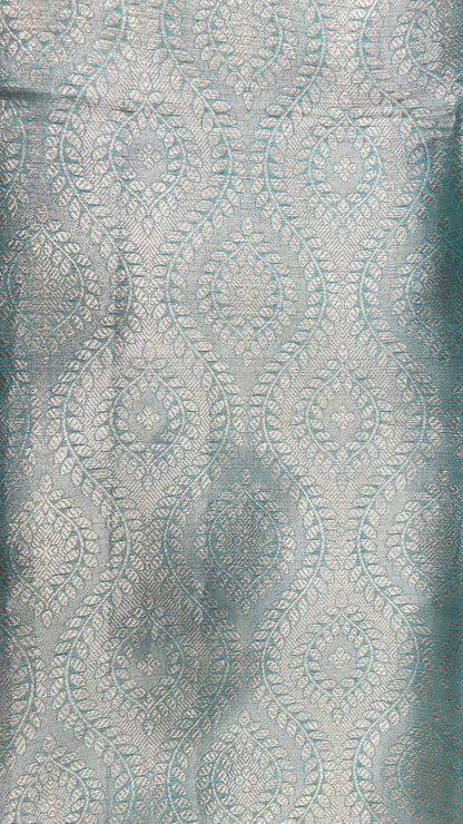 Faishana Presents Sea Green Art Silk Floral Lehariya Sliver Jaal with Contrast Blue Pallu and Blue Copper Silver Jaal Zari Border with Blue Blouse