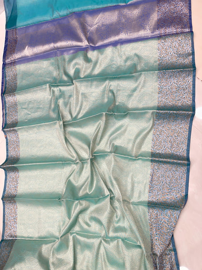 Faishana Presents Sea Green Art Silk Floral Lehariya Sliver Jaal with Contrast Blue Pallu and Blue Copper Silver Jaal Zari Border with Blue Blouse