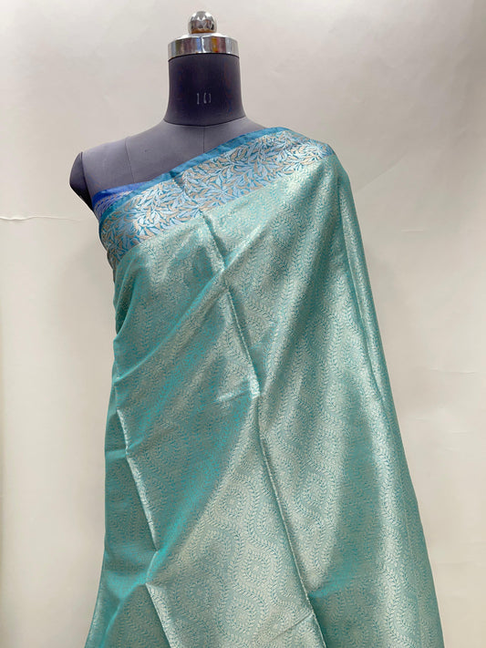 Faishana Presents Sea Green Art Silk Floral Lehariya Sliver Jaal with Contrast Blue Pallu and Blue Copper Silver Jaal Zari Border with Blue Blouse