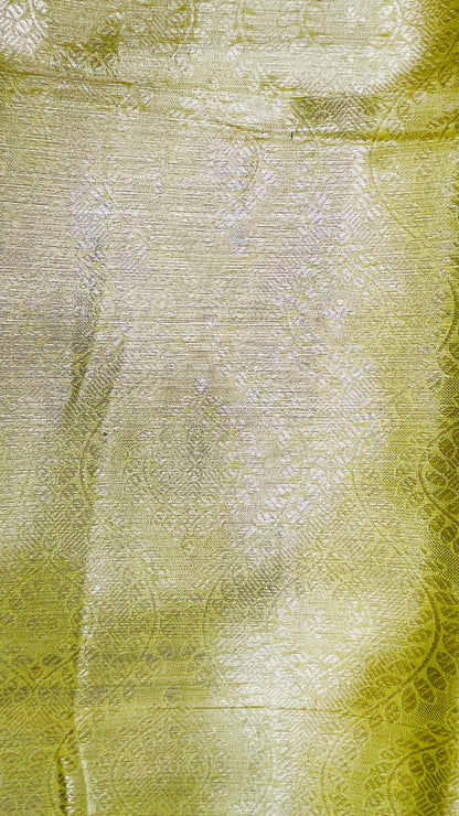 Faishana Presents LimeGreen Art Silk Floral Lehariya Sliver Jaal with Contrast Blue Pallu and Olive Copper Silver Jaal Zari Border with Blue Blouse