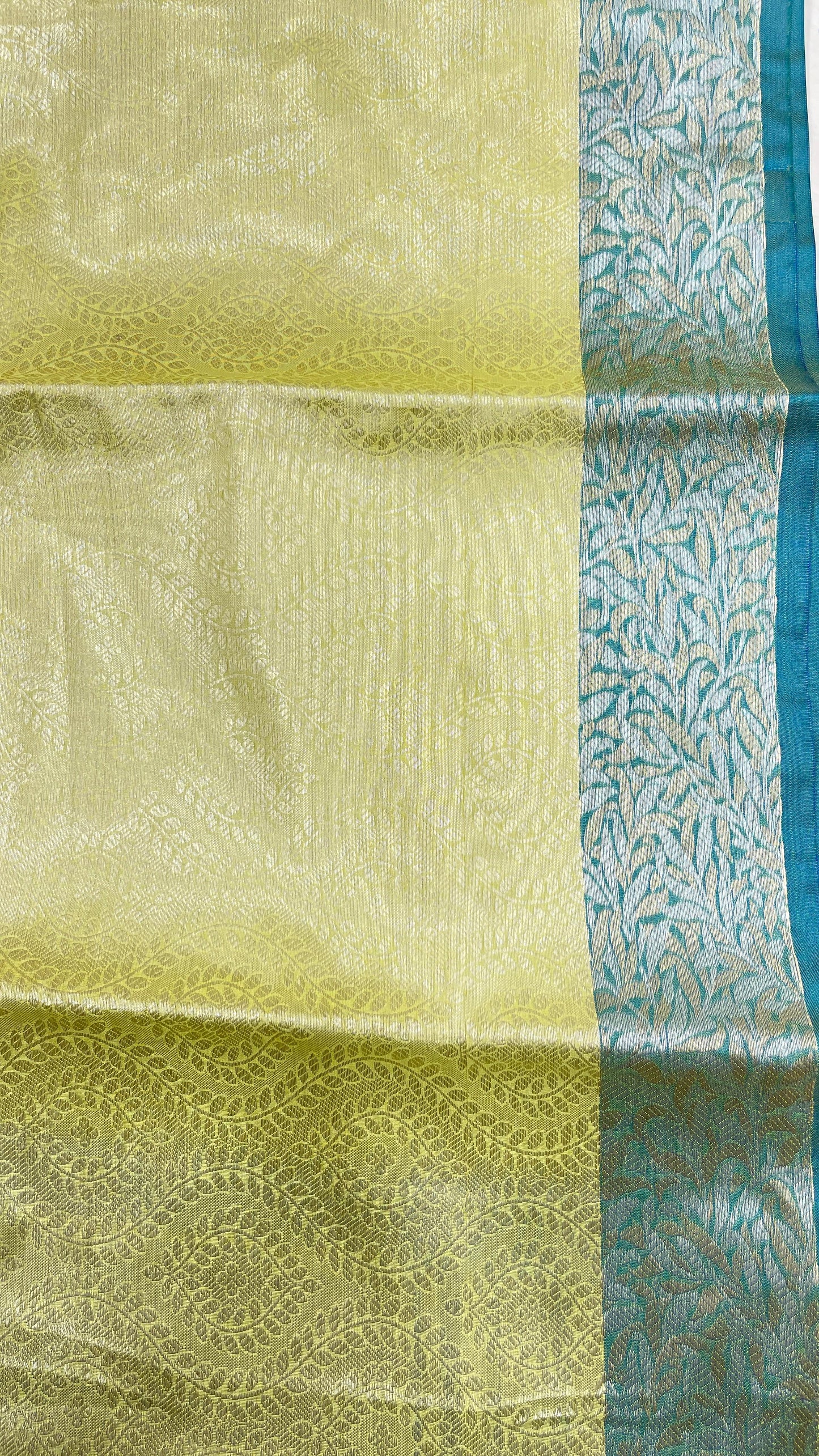 Faishana Presents LimeGreen Art Silk Floral Lehariya Sliver Jaal with Contrast Blue Pallu and Olive Copper Silver Jaal Zari Border with Blue Blouse