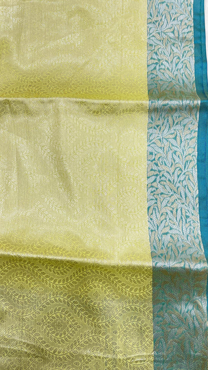 Faishana Presents LimeGreen Art Silk Floral Lehariya Sliver Jaal with Contrast Blue Pallu and Olive Copper Silver Jaal Zari Border with Blue Blouse