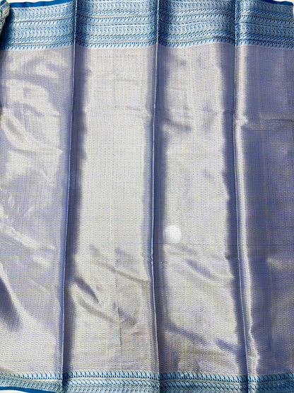 Faishana Presents Sea Green Art Silk Floral Lehariya Sliver Jaal with Contrast Blue Pallu and Blue Copper Silver Jaal Zari Border with Blue Blouse