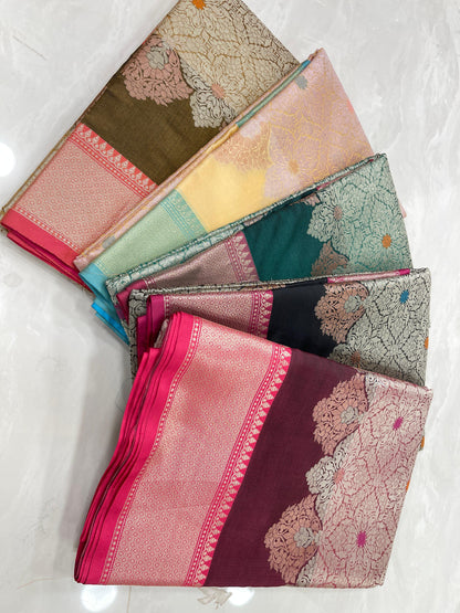 Faishana Presents Olive Green Floral Stripe Diagonal Zari Mina Jaal and Copper and Silver Boota with Contrast Maroon Pallu Banarasi Zari Border and Pink Blouse