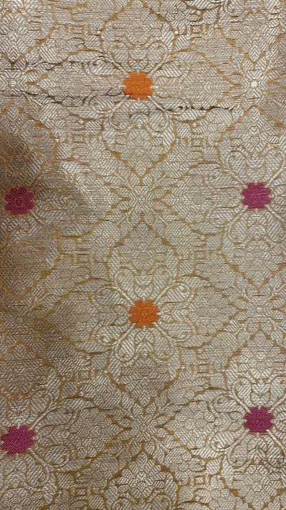 Faishana Presents Olive Green Floral Stripe Diagonal Zari Mina Jaal and Copper and Silver Boota with Contrast Maroon Pallu Banarasi Zari Border and Pink Blouse