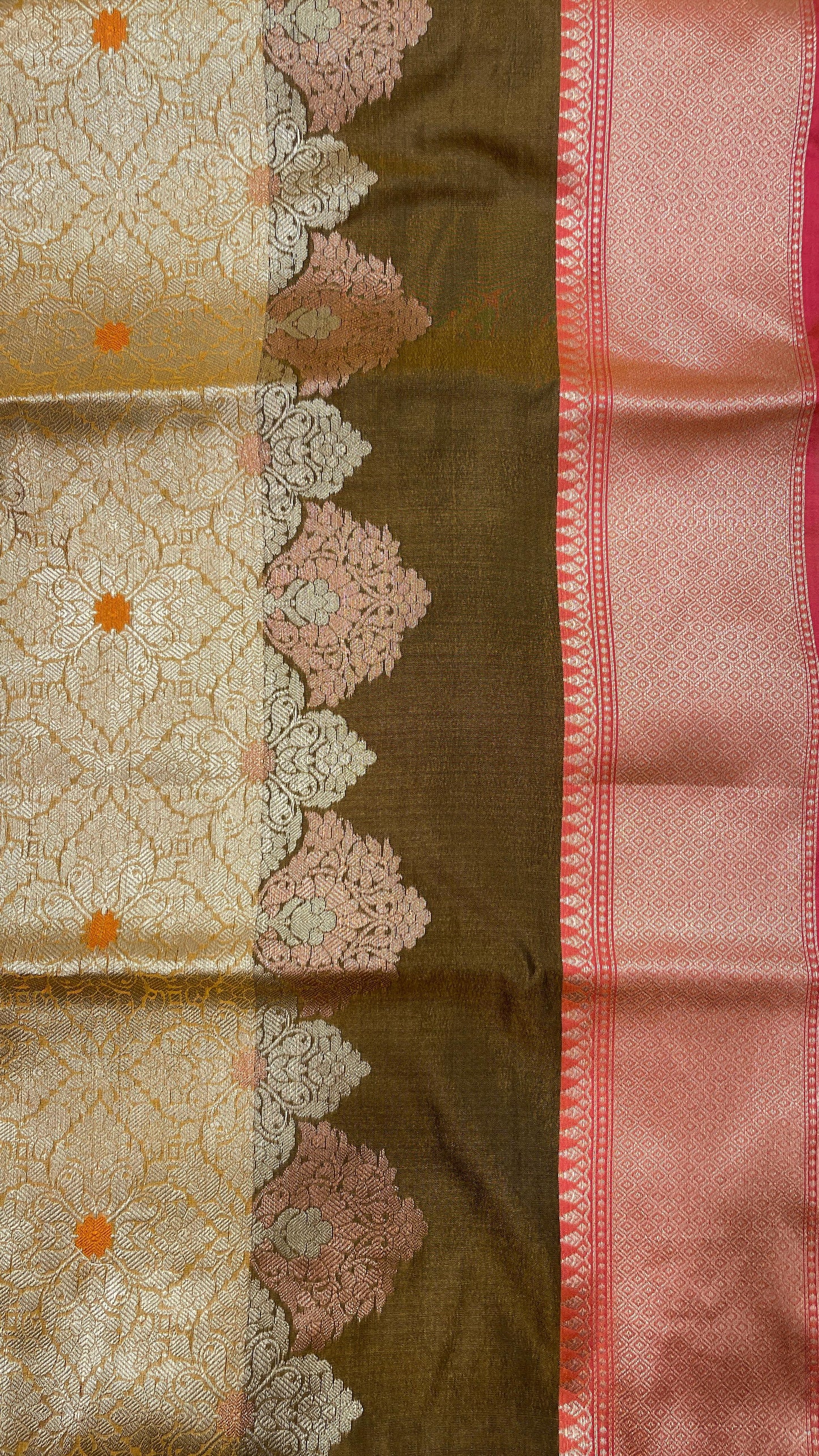 Faishana Presents Olive Green Floral Stripe Diagonal Zari Mina Jaal and Copper and Silver Boota with Contrast Maroon Pallu Banarasi Zari Border and Pink Blouse