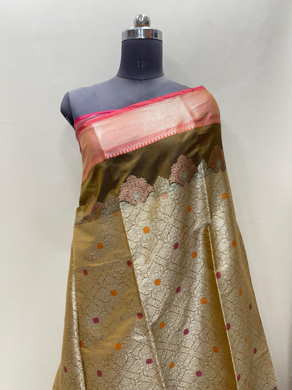 Faishana Presents Olive Green Floral Stripe Diagonal Zari Mina Jaal and Copper and Silver Boota with Contrast Maroon Pallu Banarasi Zari Border and Pink Blouse