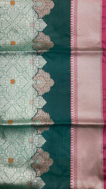 Faishana Presents Green Floral Stripe Diagonal Zari Mina Jaal and Dual Skirt Copper and Silver Boota with Contrast Burgundy Pallu Banarasi Zari Border and Burgundy Blouse