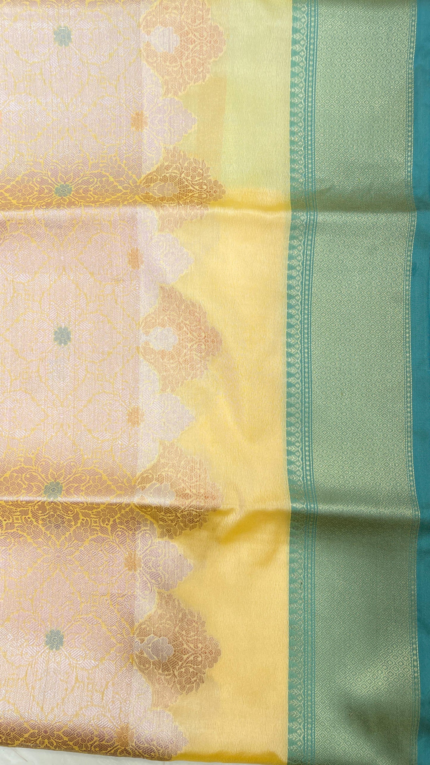 Faishana Presents Peach Art Silk Floral Mina Zari Diagonal Jaal and Dual Skirt Copper Silver Boota with Contrast Blue Pallu and Blue Blouse