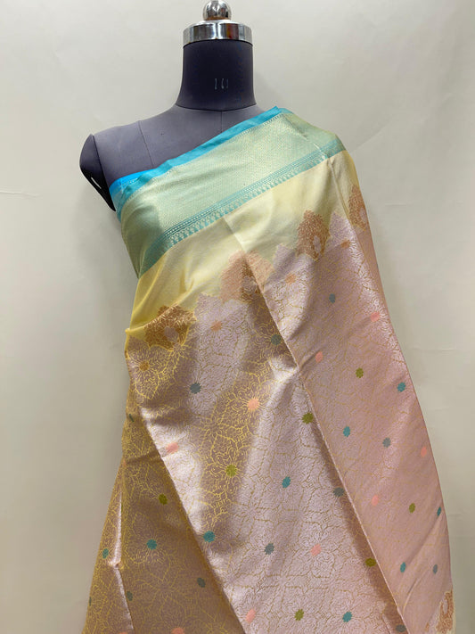 Faishana Presents Peach Art Silk Floral Mina Zari Diagonal Jaal and Dual Skirt Copper Silver Boota with Contrast Blue Pallu and Blue Blouse