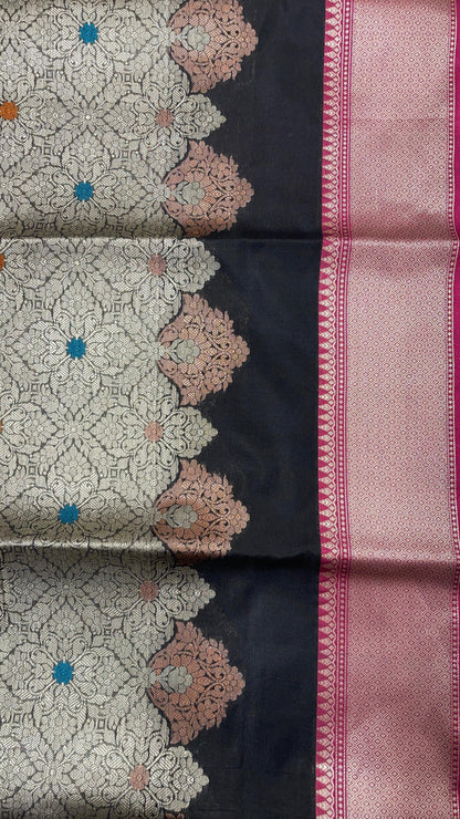 Faishana Presents Black Floral Stripe Diagonal Zari Mina Jaal and Copper and Silver Boota with Contrast Pink Pallu Banarasi Zari Border and Pink Blouse