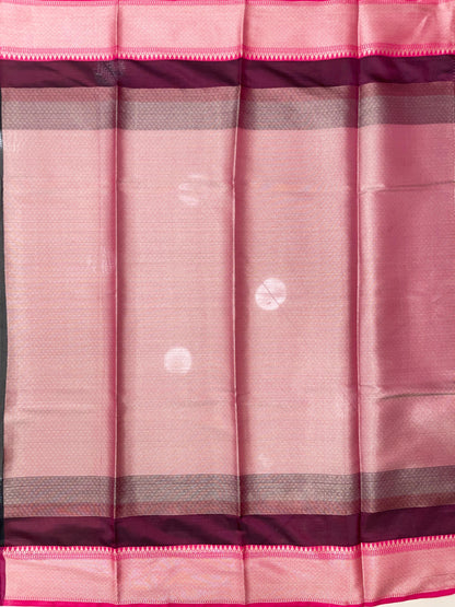 Faishana Presents Black Floral Stripe Diagonal Zari Mina Jaal and Copper and Silver Boota with Contrast Pink Pallu Banarasi Zari Border and Pink Blouse