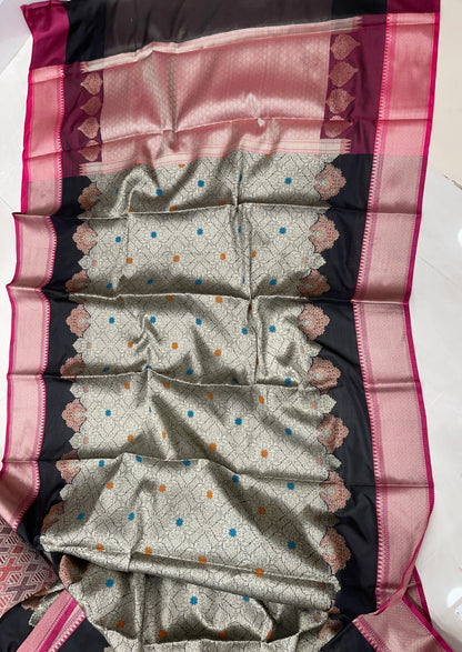 Faishana Presents Black Floral Stripe Diagonal Zari Mina Jaal and Copper and Silver Boota with Contrast Pink Pallu Banarasi Zari Border and Pink Blouse