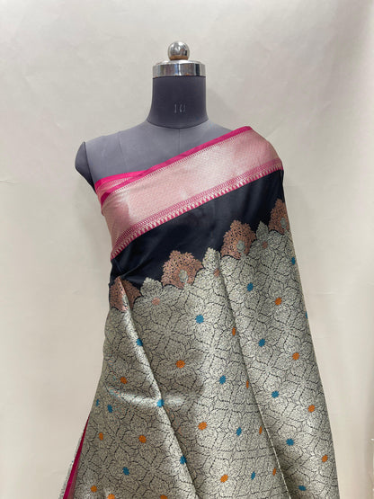 Faishana Presents Black Floral Stripe Diagonal Zari Mina Jaal and Copper and Silver Boota with Contrast Pink Pallu Banarasi Zari Border and Pink Blouse