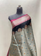 Faishana Presents Black Floral Stripe Diagonal Zari Mina Jaal and Copper and Silver Boota with Contrast Pink Pallu Banarasi Zari Border and Pink Blouse