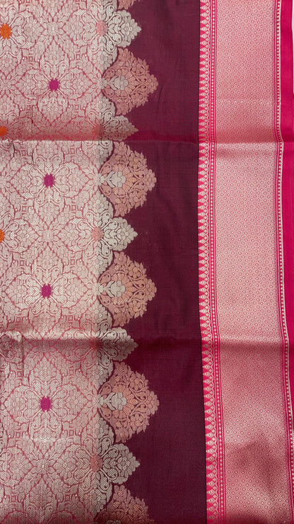Faishana Presents Wine Floral Stripe Diagonal Zari Mina Jaal and Copper and Silver Boota with Contrast Green Pallu Banarasi Zari Border and Green Blouse