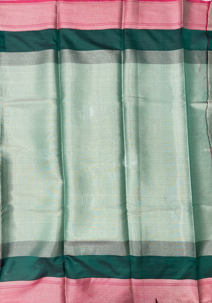 Faishana Presents Wine Floral Stripe Diagonal Zari Mina Jaal and Copper and Silver Boota with Contrast Green Pallu Banarasi Zari Border and Green Blouse