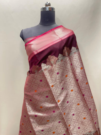Faishana Presents Wine Floral Stripe Diagonal Zari Mina Jaal and Copper and Silver Boota with Contrast Green Pallu Banarasi Zari Border and Green Blouse